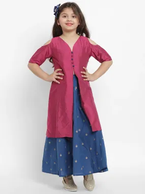 Girls Fuchsia & Blue Solid Kurta With Skirt