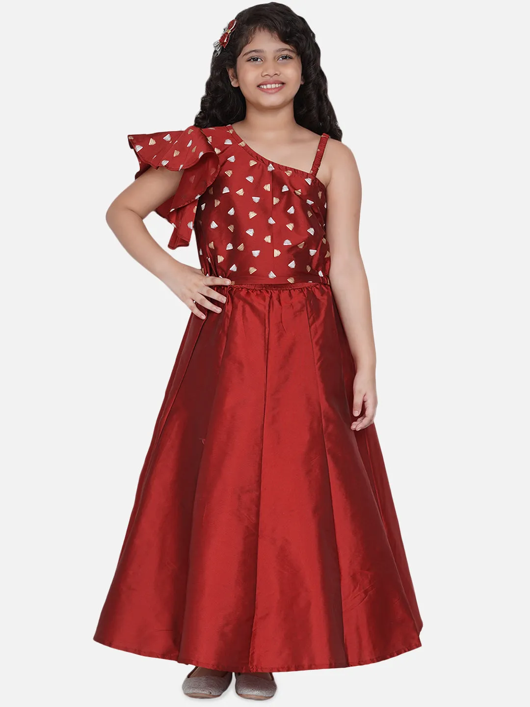 Girls Maroon & Gold One Off-Shoulder Ethnic A-Line Midi Dress