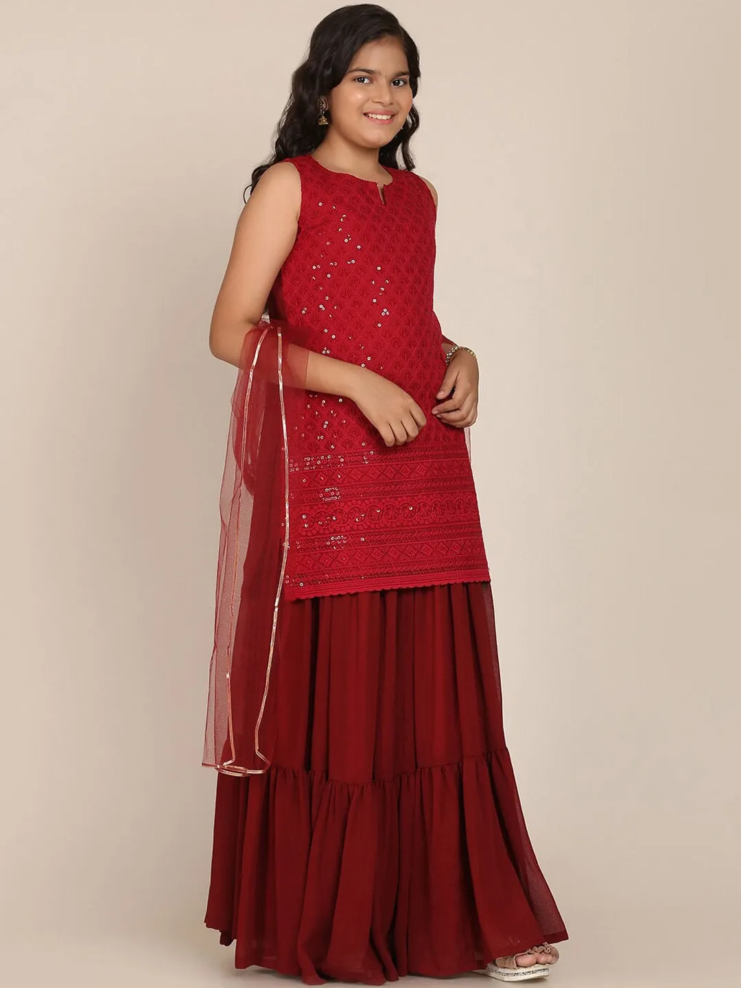 Girls Maroon Floral Embroidered Sequinned Kurti With Skirt & With Dupatta