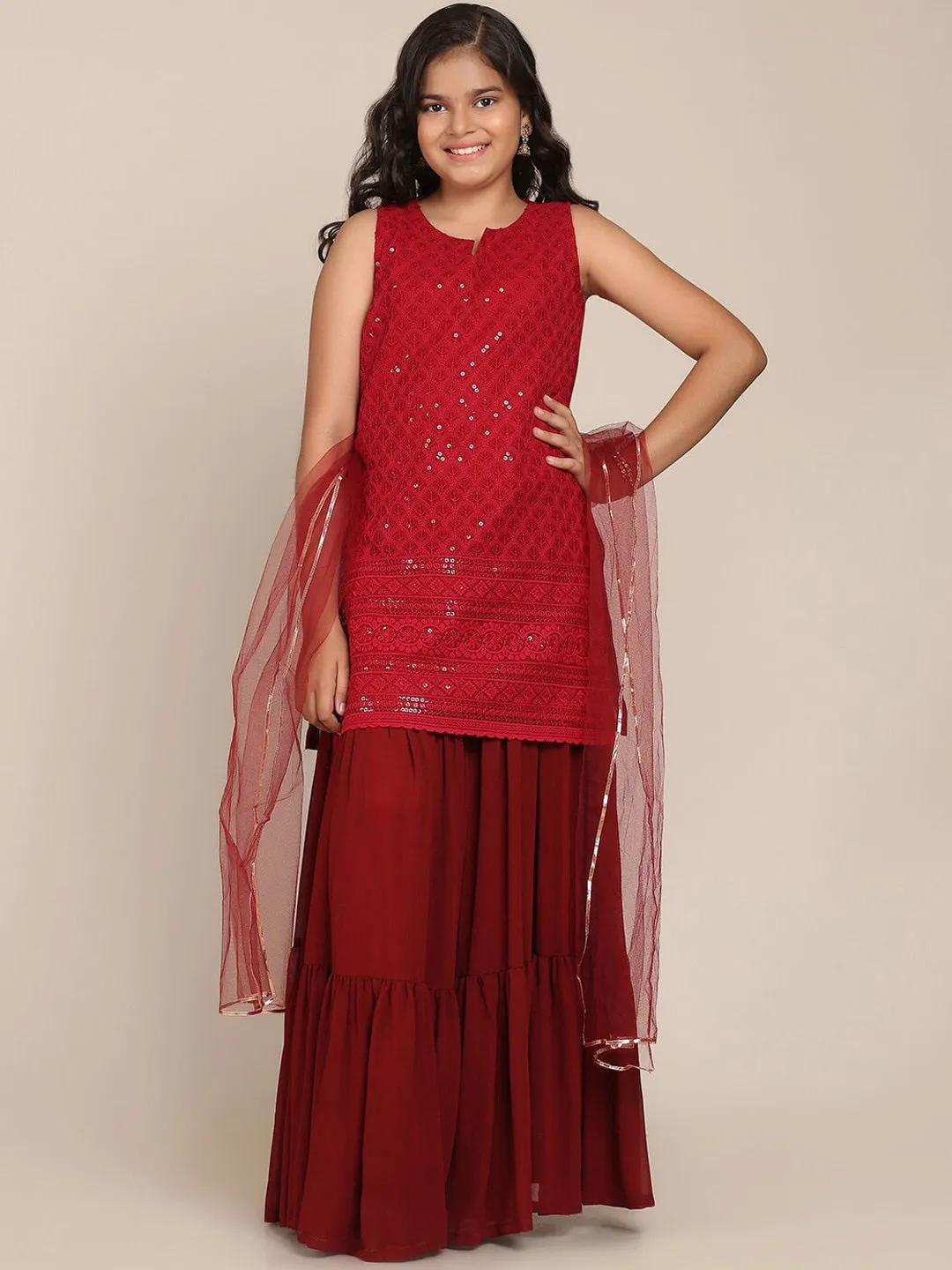 Girls Maroon Floral Embroidered Sequinned Kurti With Skirt & With Dupatta