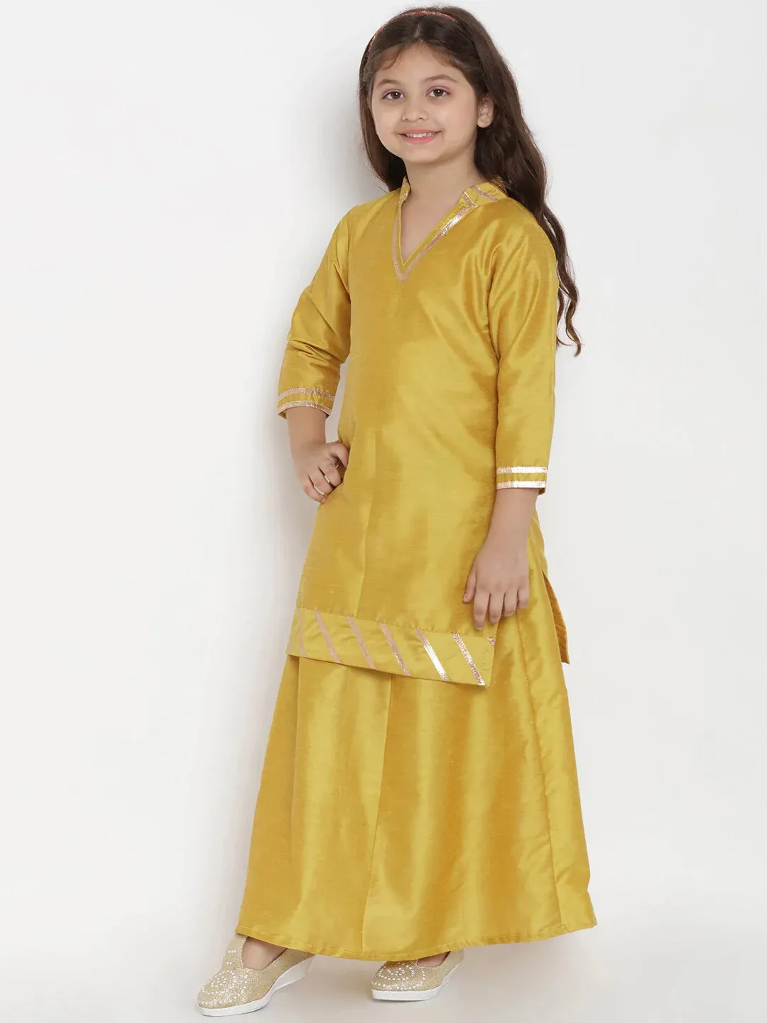 Girls Mustard Yellow Solid Silk Kurta With Skirt