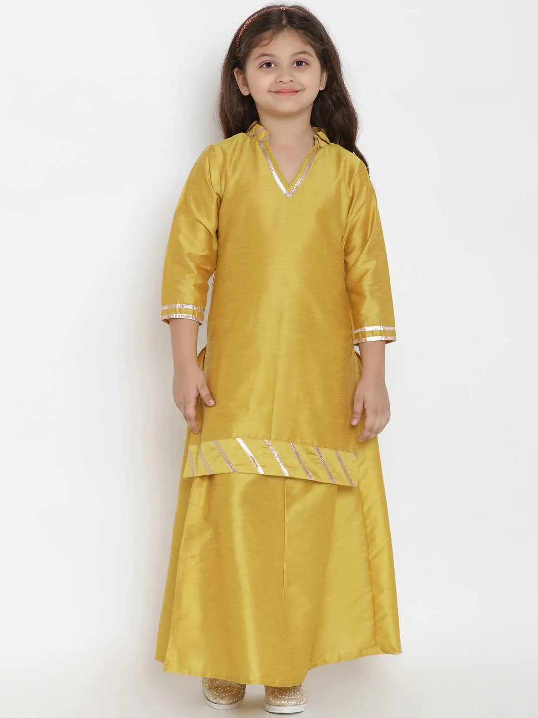 Girls Mustard Yellow Solid Silk Kurta With Skirt