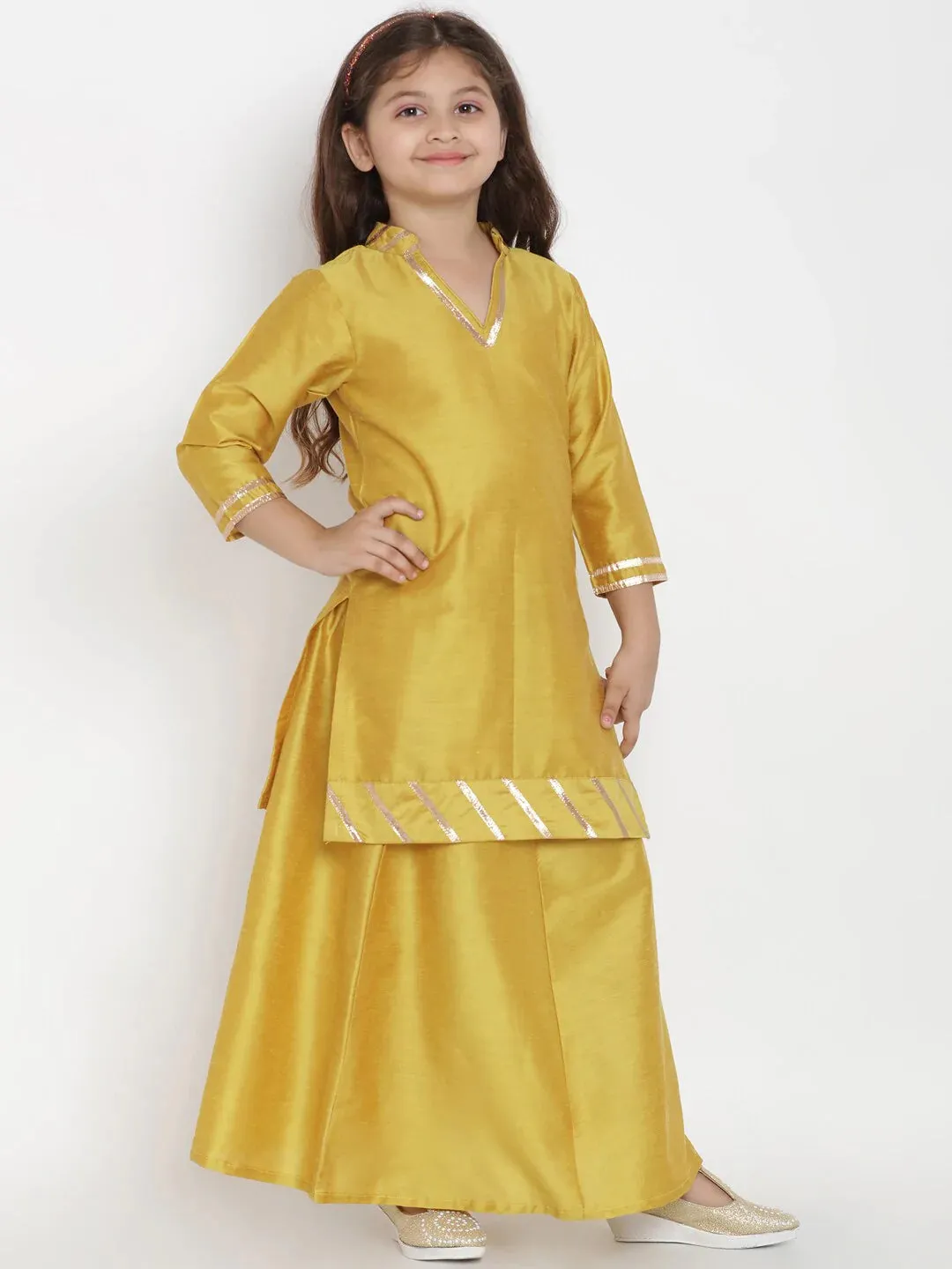 Girls Mustard Yellow Solid Silk Kurta With Skirt