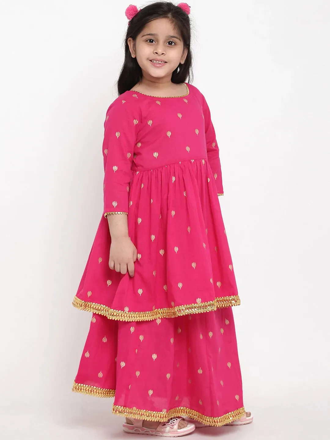 Girls Pink & Gold-Coloured Printed Kurta With Skirt