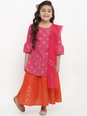 Girls Pink & Printed Kurta With Skirt & Dupatta