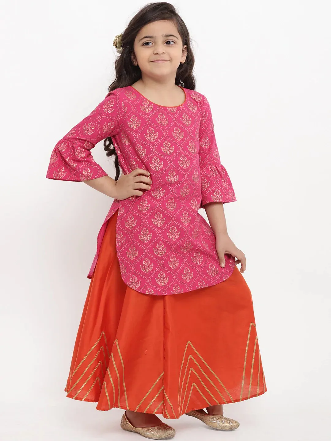 Girls Pink & Printed Kurta With Skirt & Dupatta