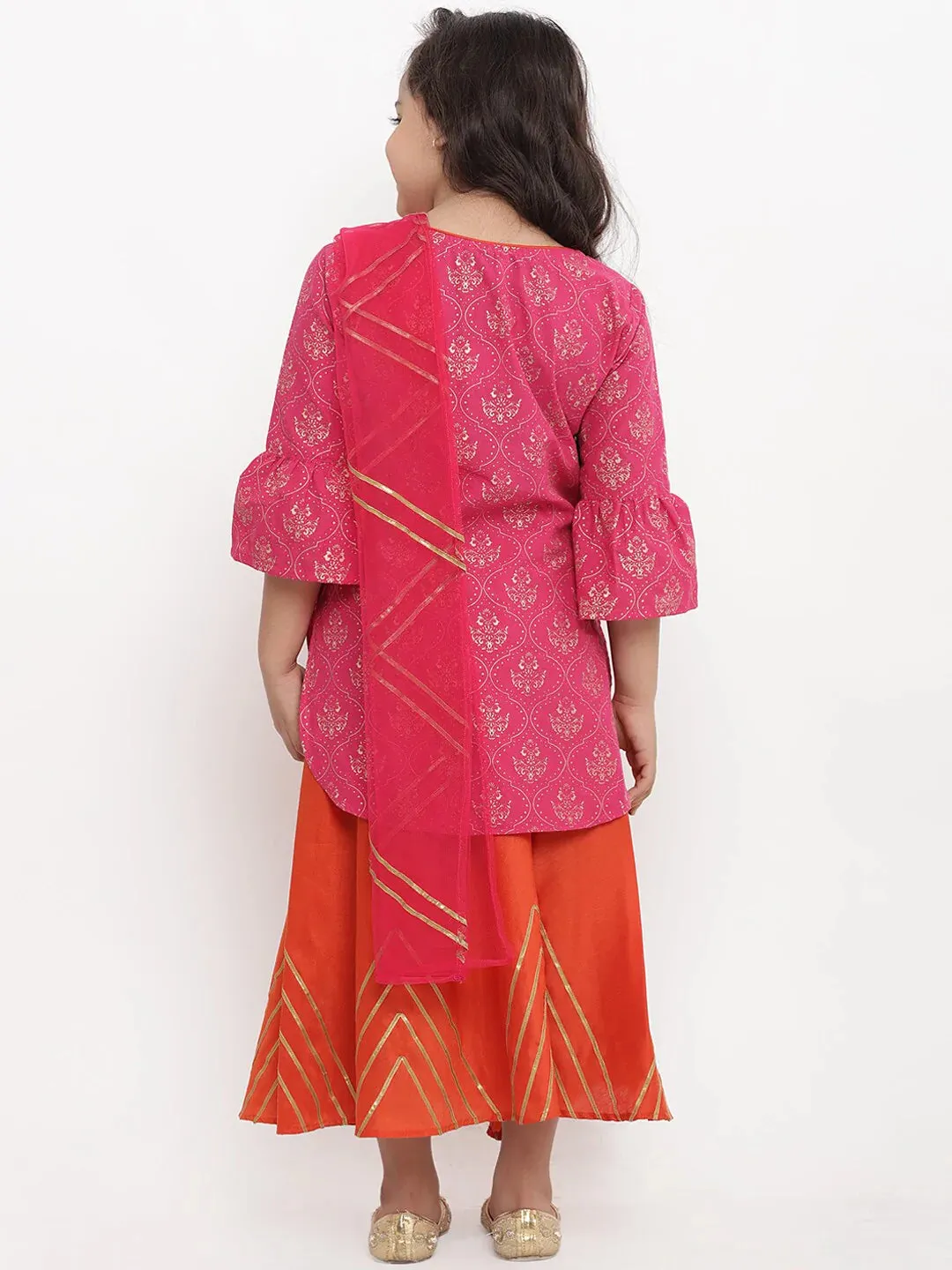 Girls Pink & Printed Kurta With Skirt & Dupatta