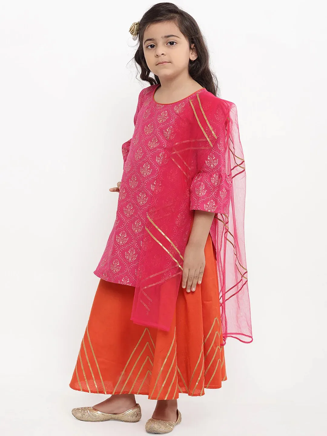 Girls Pink & Printed Kurta With Skirt & Dupatta