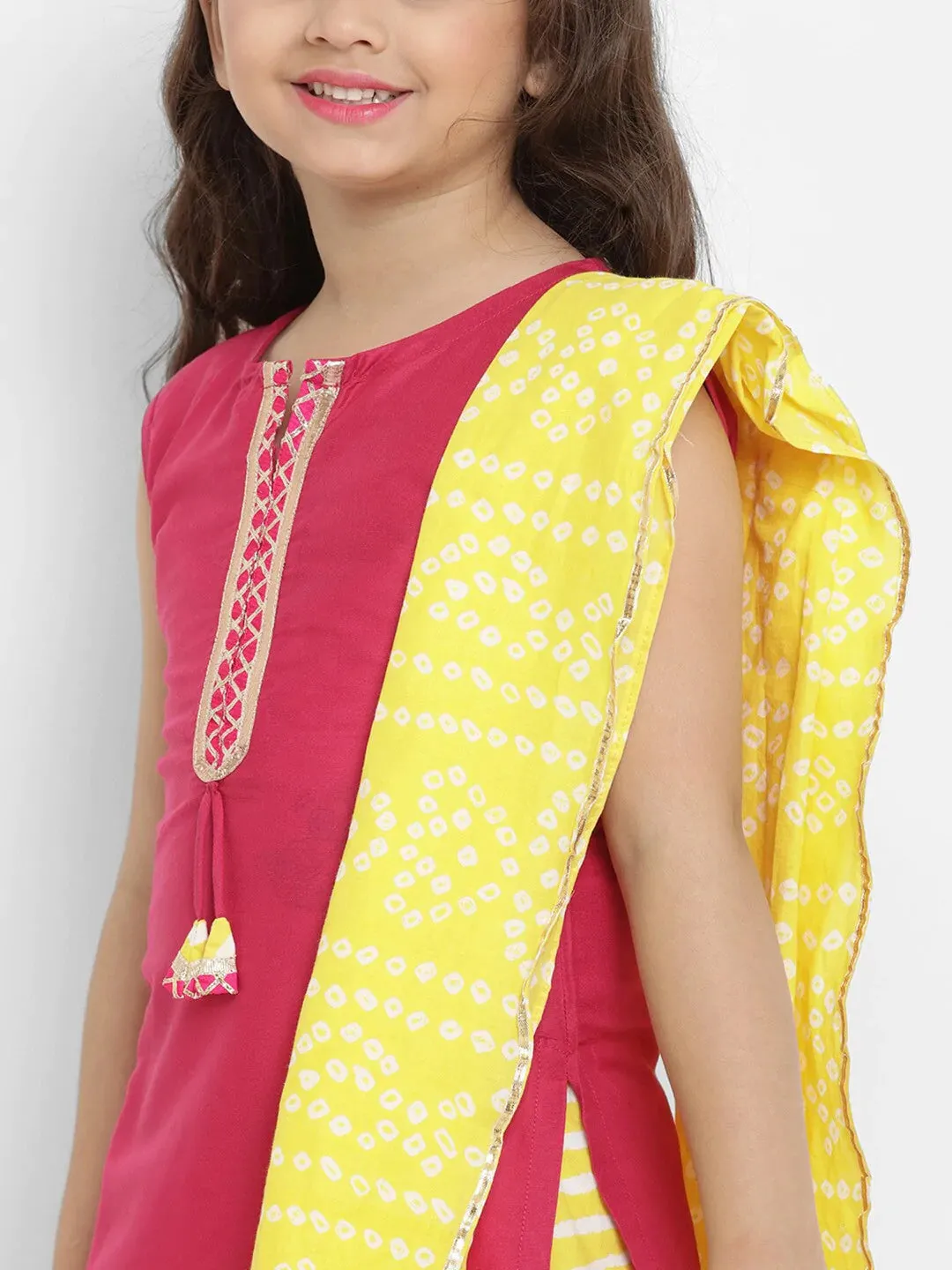 Girls Pink & Yellow Solid Kurta With Skirt & Dupatta