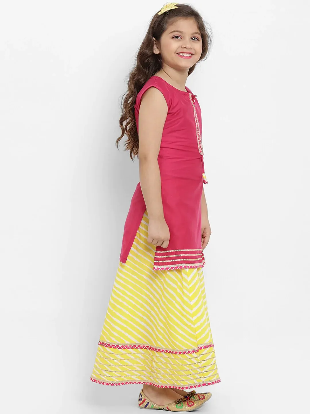 Girls Pink & Yellow Solid Kurta With Skirt & Dupatta