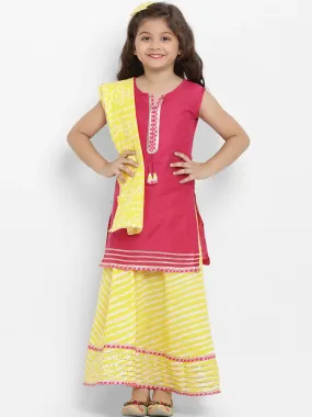 Girls Pink & Yellow Solid Kurta With Skirt & Dupatta