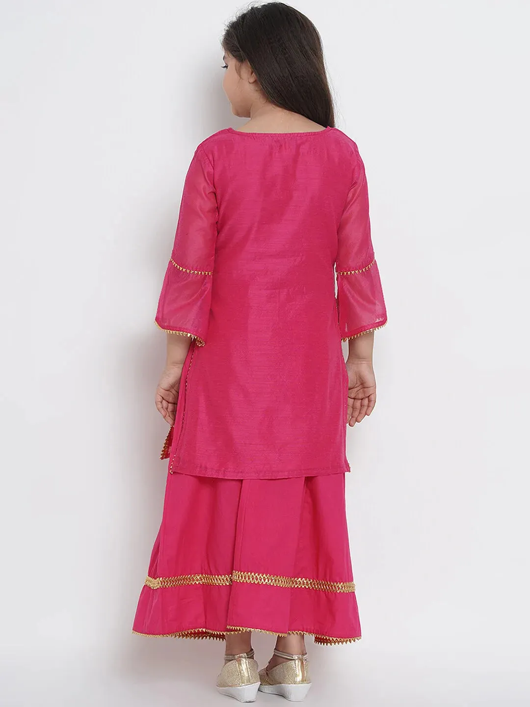 Girls Pink Embroidered Kurta With Skirt