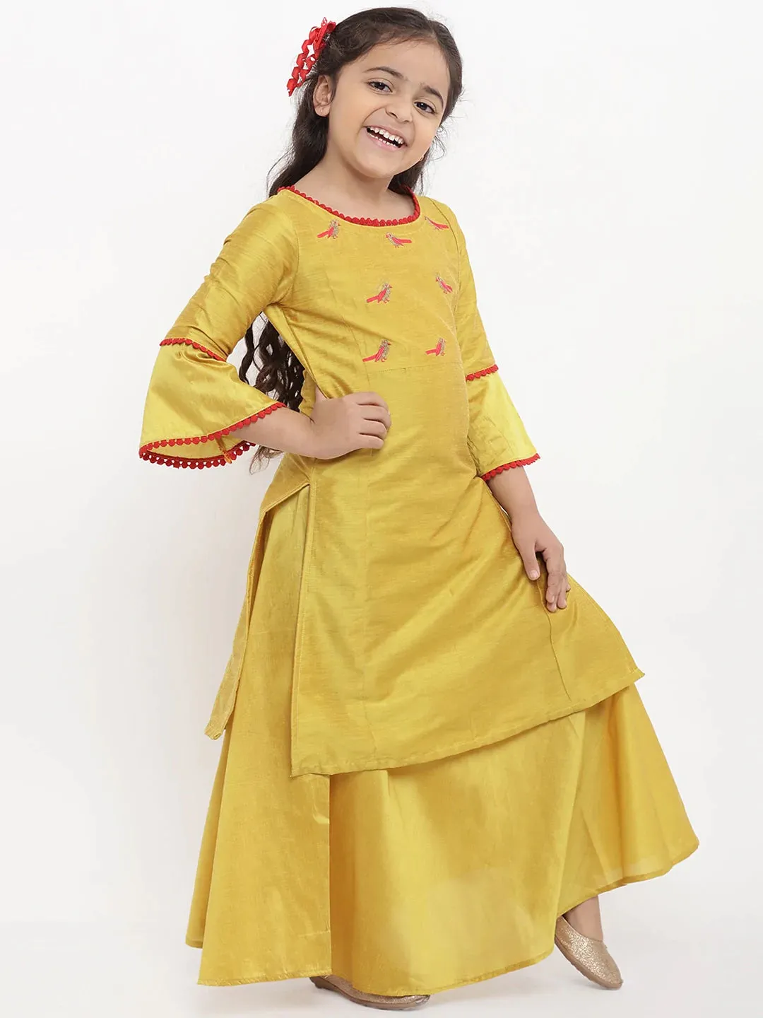 Girls Yellow Embroidered Kurti With Skirt