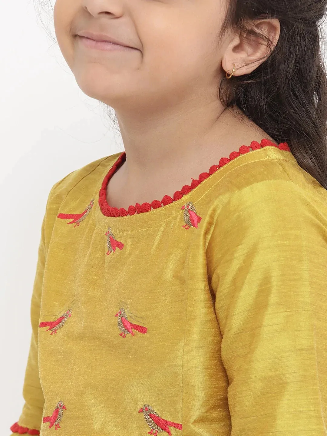 Girls Yellow Embroidered Kurti With Skirt