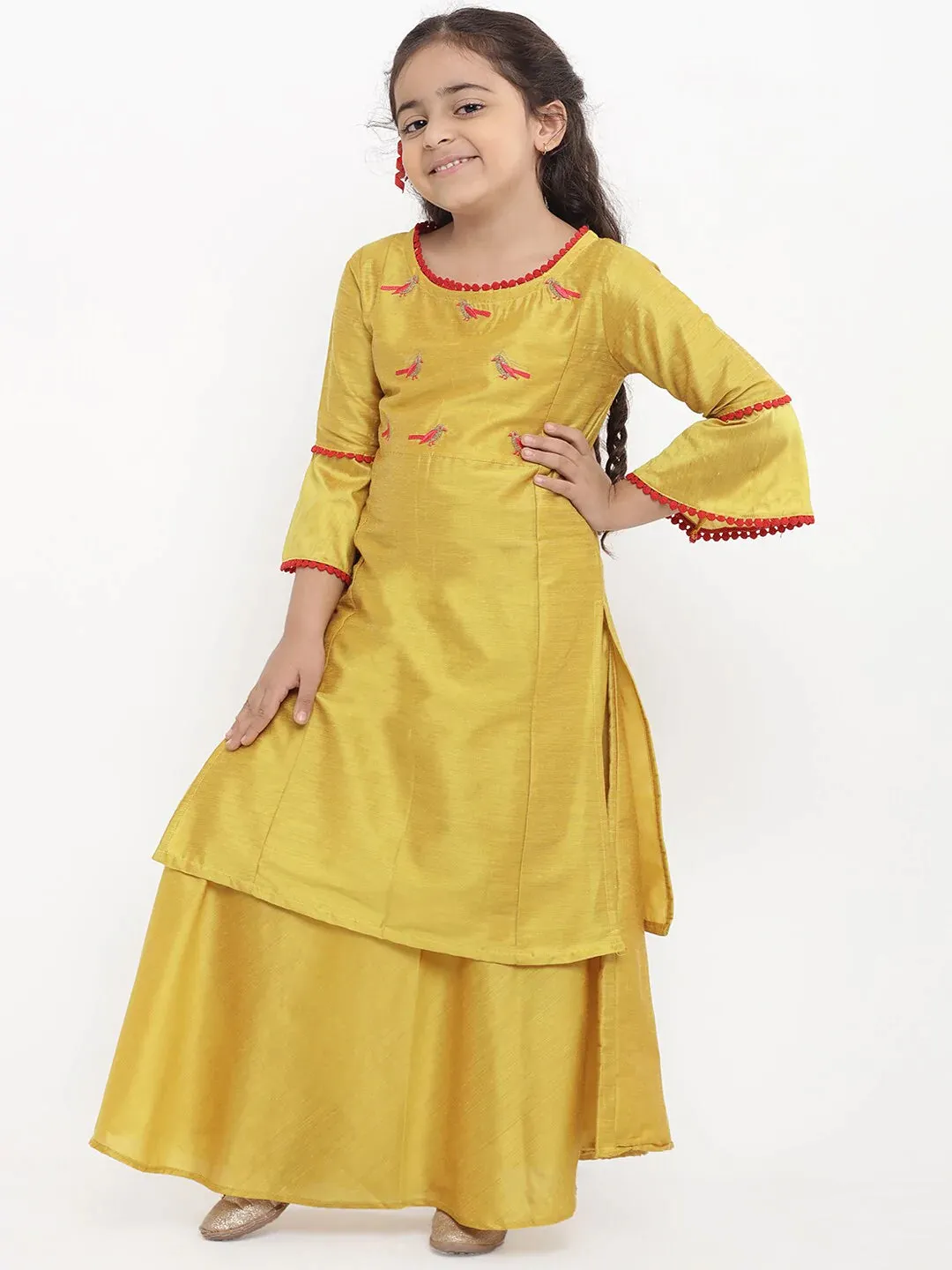 Girls Yellow Embroidered Kurti With Skirt