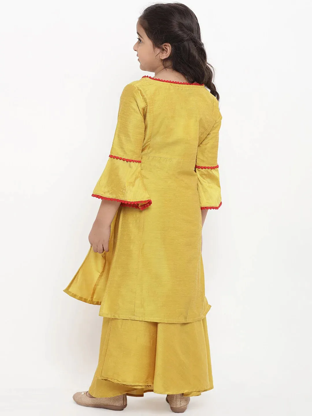 Girls Yellow Embroidered Kurti With Skirt