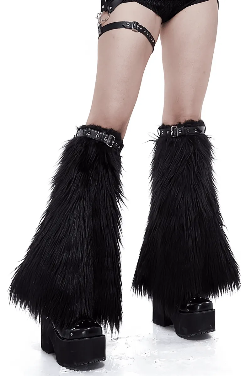 Gothic Faux Fur Adjustable Leg Warmers with Belt Straps / Women's Black Legwarmers with Rivets