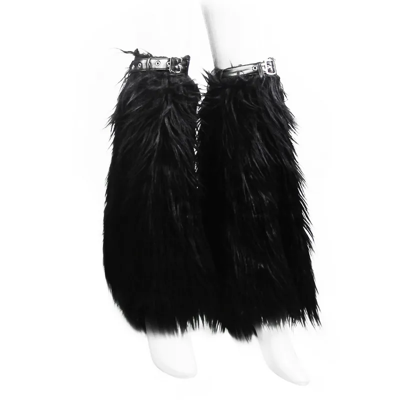 Gothic Faux Fur Adjustable Leg Warmers with Belt Straps / Women's Black Legwarmers with Rivets