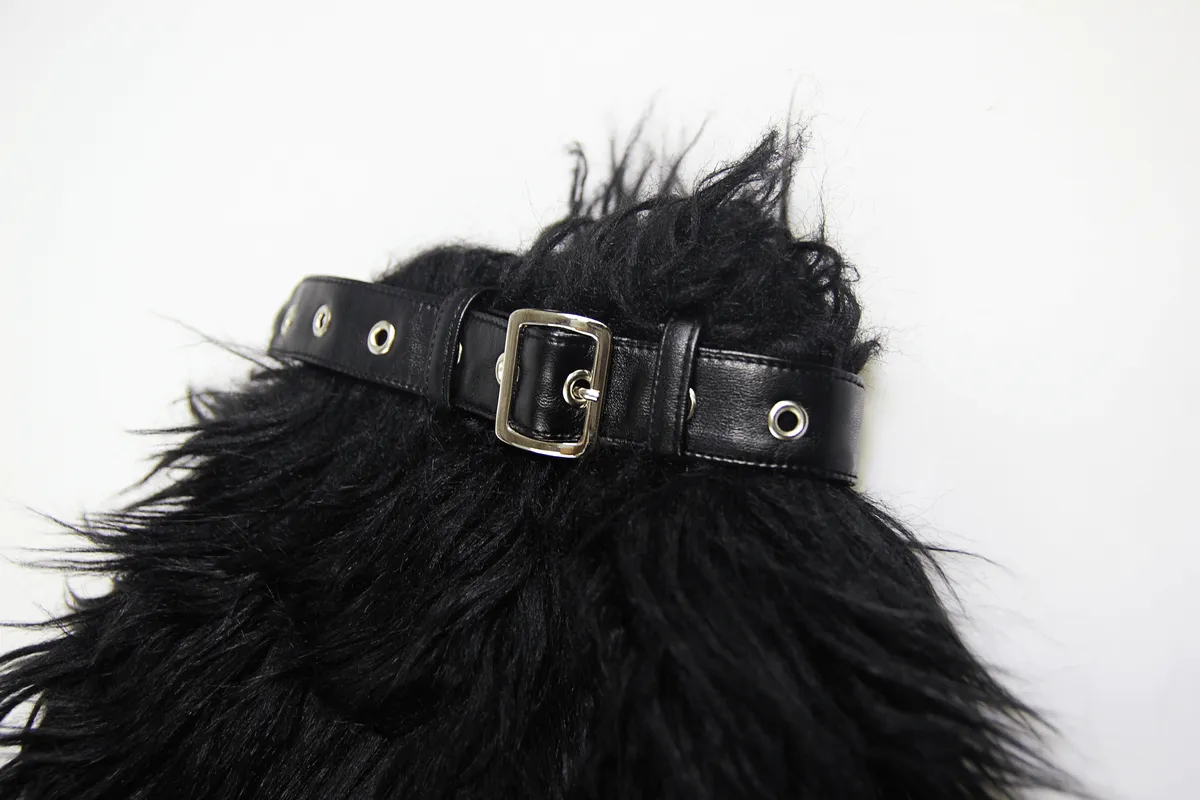 Gothic Faux Fur Adjustable Leg Warmers with Belt Straps / Women's Black Legwarmers with Rivets