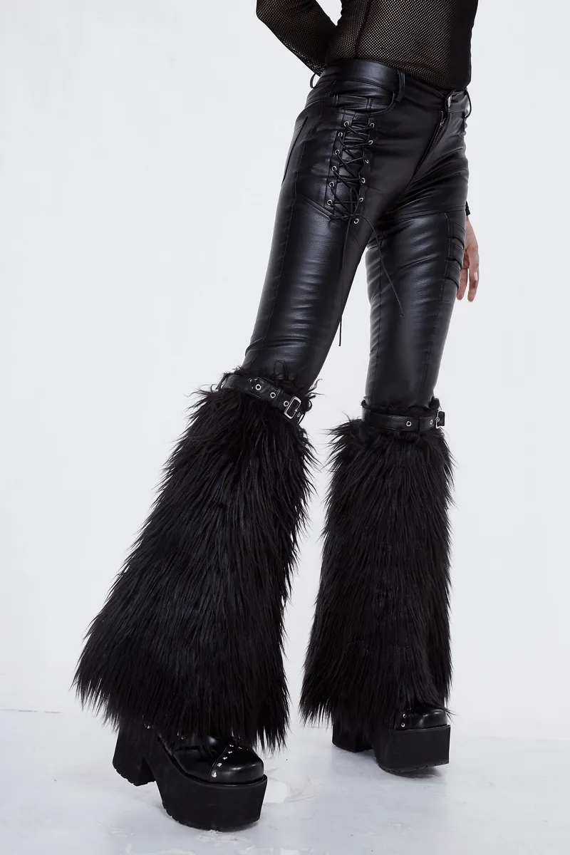 Gothic Faux Fur Adjustable Leg Warmers with Belt Straps / Women's Black Legwarmers with Rivets