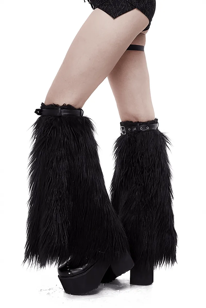 Gothic Faux Fur Adjustable Leg Warmers with Belt Straps / Women's Black Legwarmers with Rivets