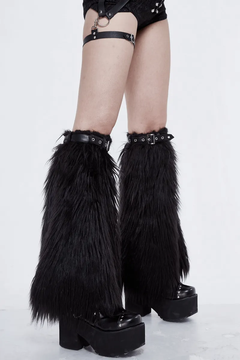 Gothic Faux Fur Adjustable Leg Warmers with Belt Straps / Women's Black Legwarmers with Rivets