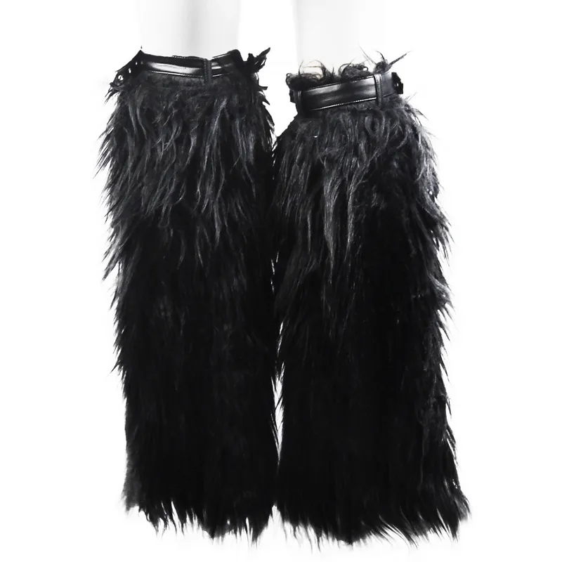 Gothic Faux Fur Adjustable Leg Warmers with Belt Straps / Women's Black Legwarmers with Rivets