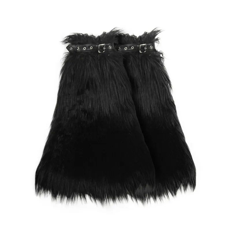 Gothic Faux Fur Adjustable Leg Warmers with Belt Straps / Women's Black Legwarmers with Rivets