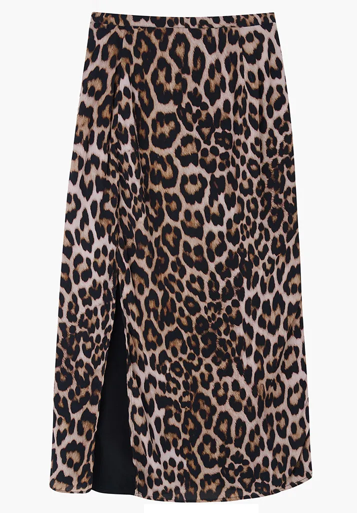 Grace Side Slit Big Cat Print Midi Skirt In Brown