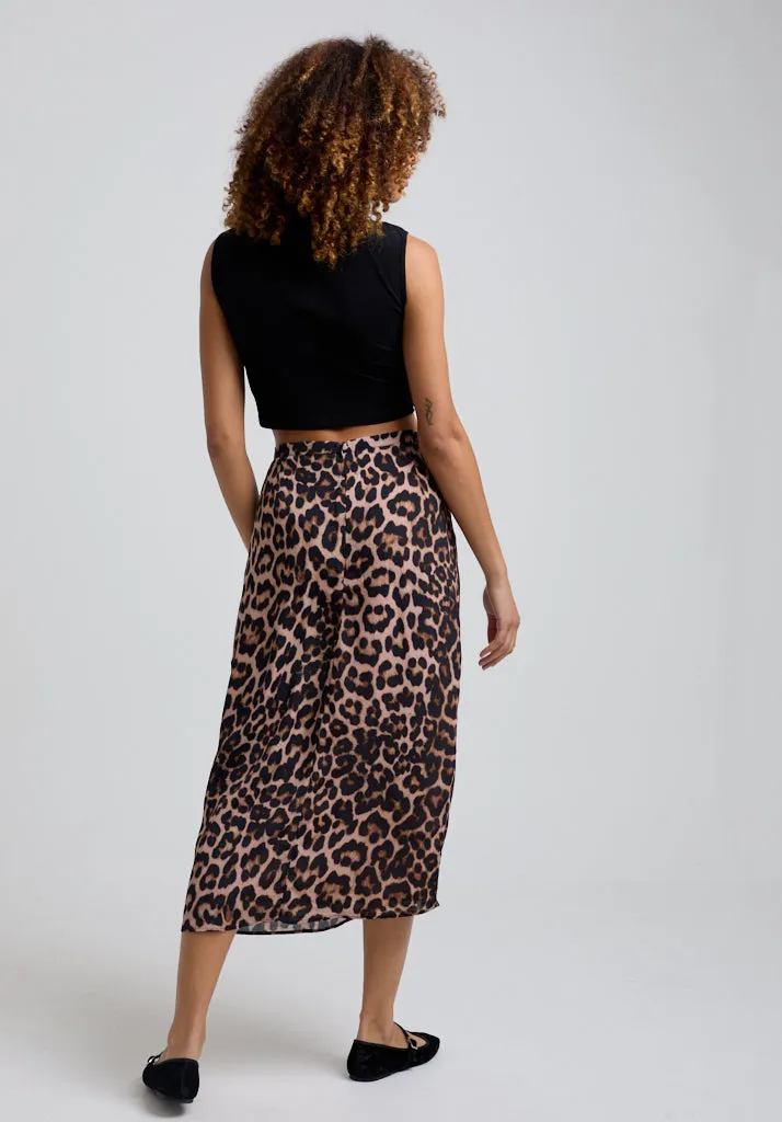 Grace Side Slit Big Cat Print Midi Skirt In Brown