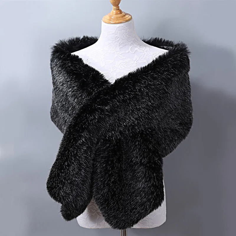 Great Gatsby 1920's Bridal Wedding Faux Fur Shawl Wrap - Black