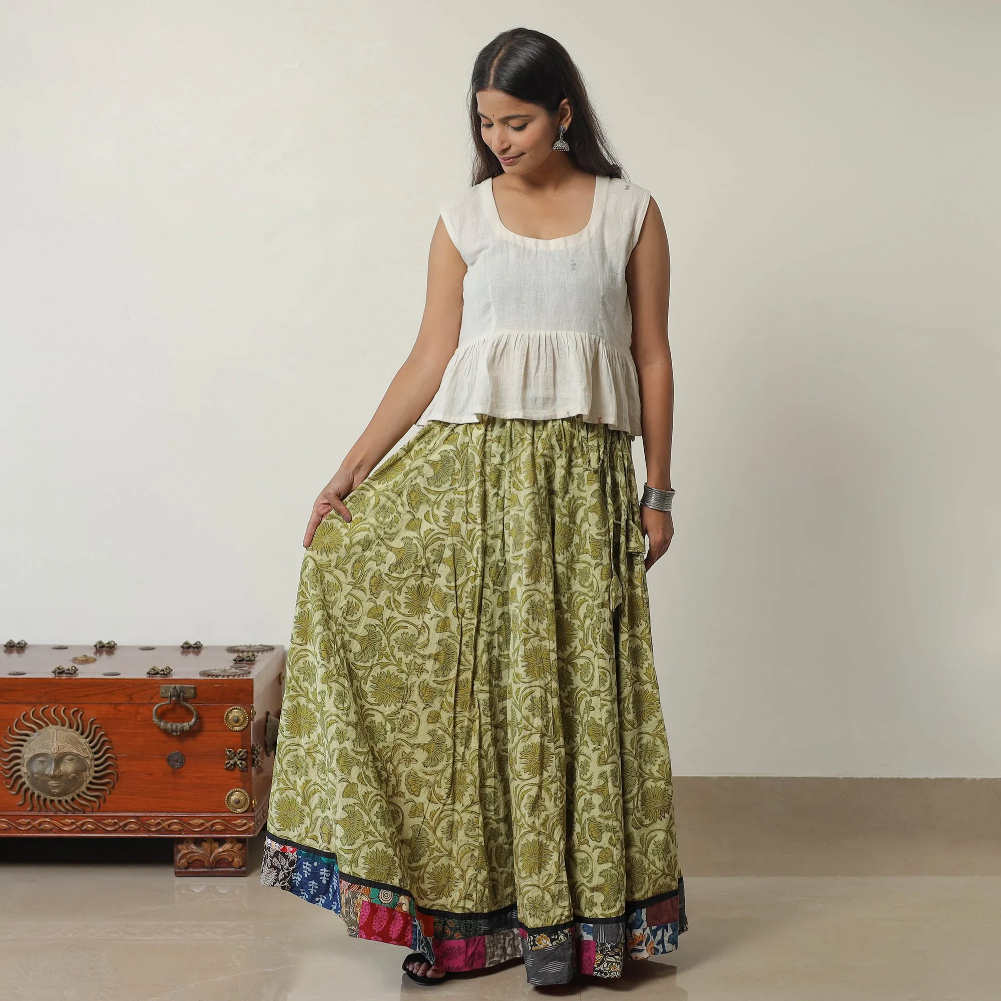 Green - Bagru Block Printed 24 Kali Patchwork Cotton Long Skirt 34