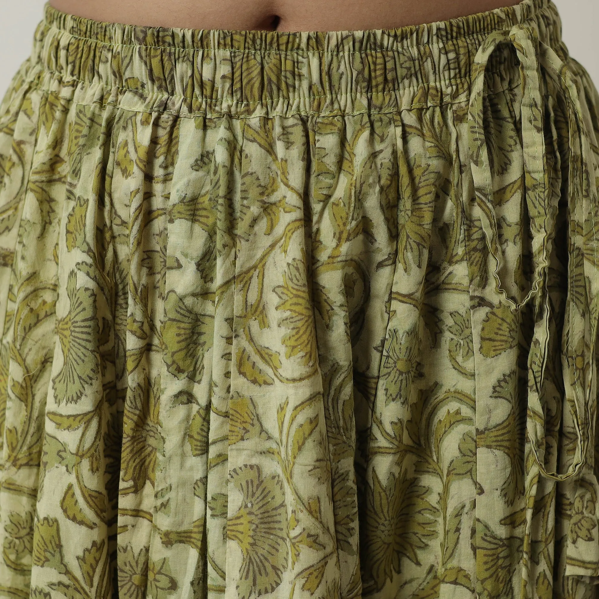 Green - Bagru Block Printed 24 Kali Patchwork Cotton Long Skirt 34