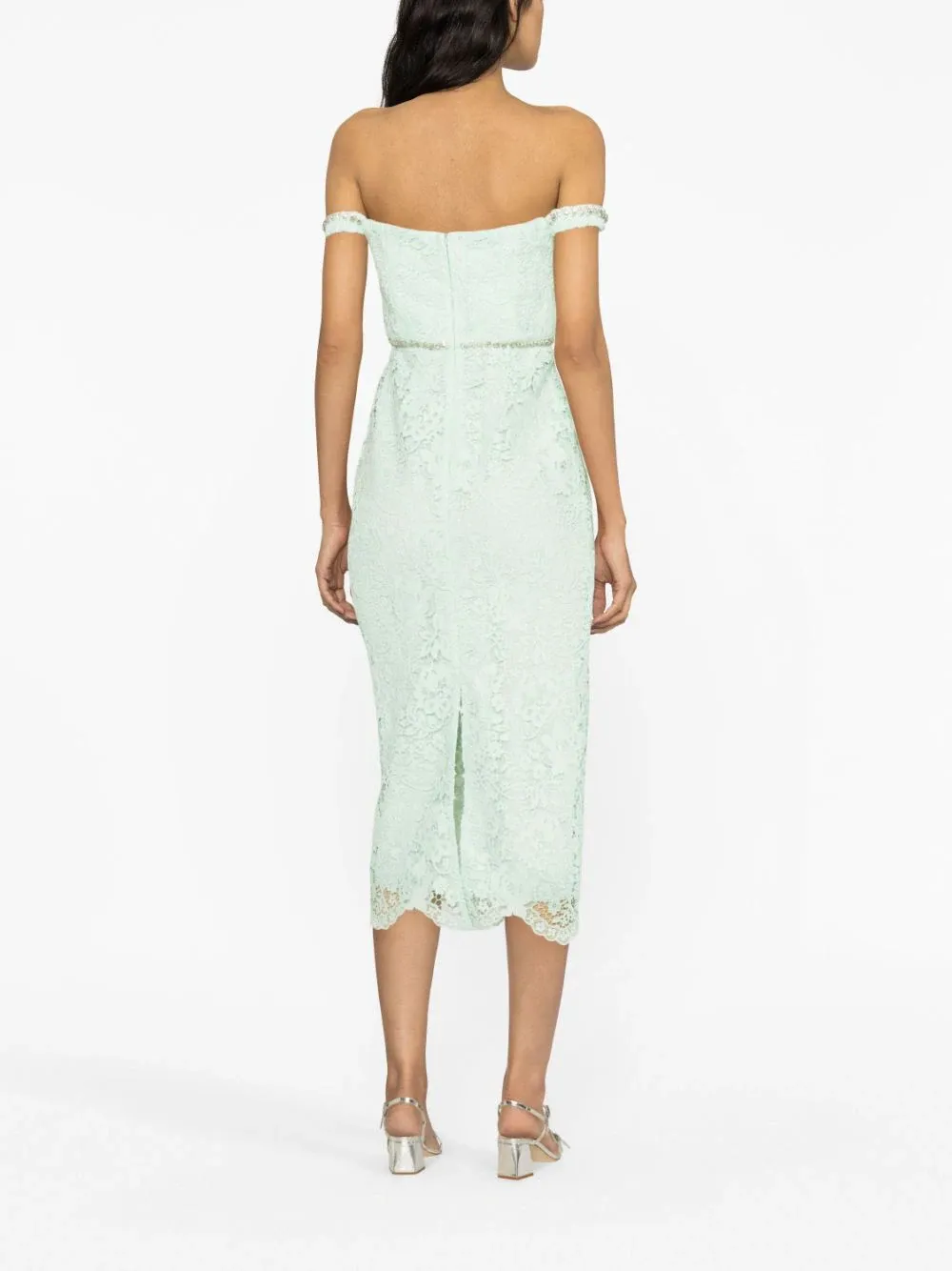 Green Cord Lace Diamante Midi Dress