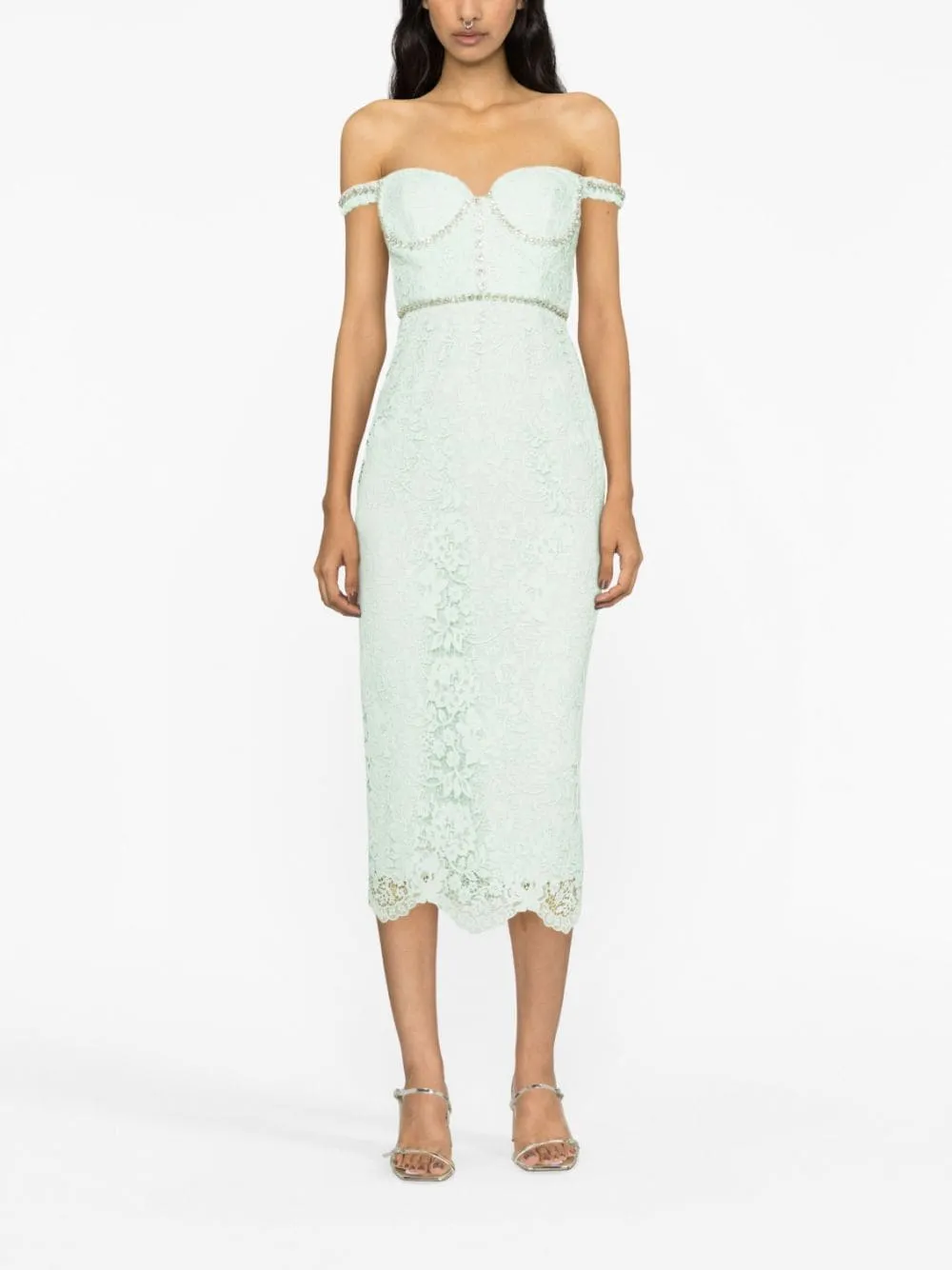 Green Cord Lace Diamante Midi Dress