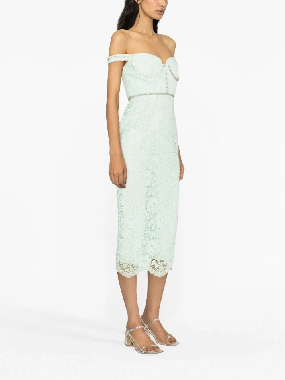 Green Cord Lace Diamante Midi Dress