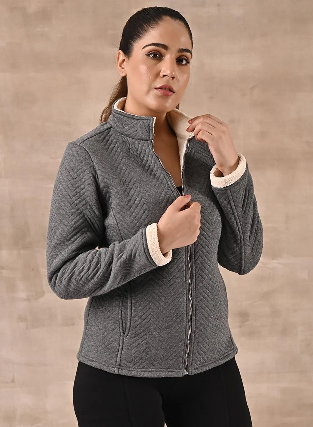 Grey Quilted Zipper Jacket with Slip Pockets