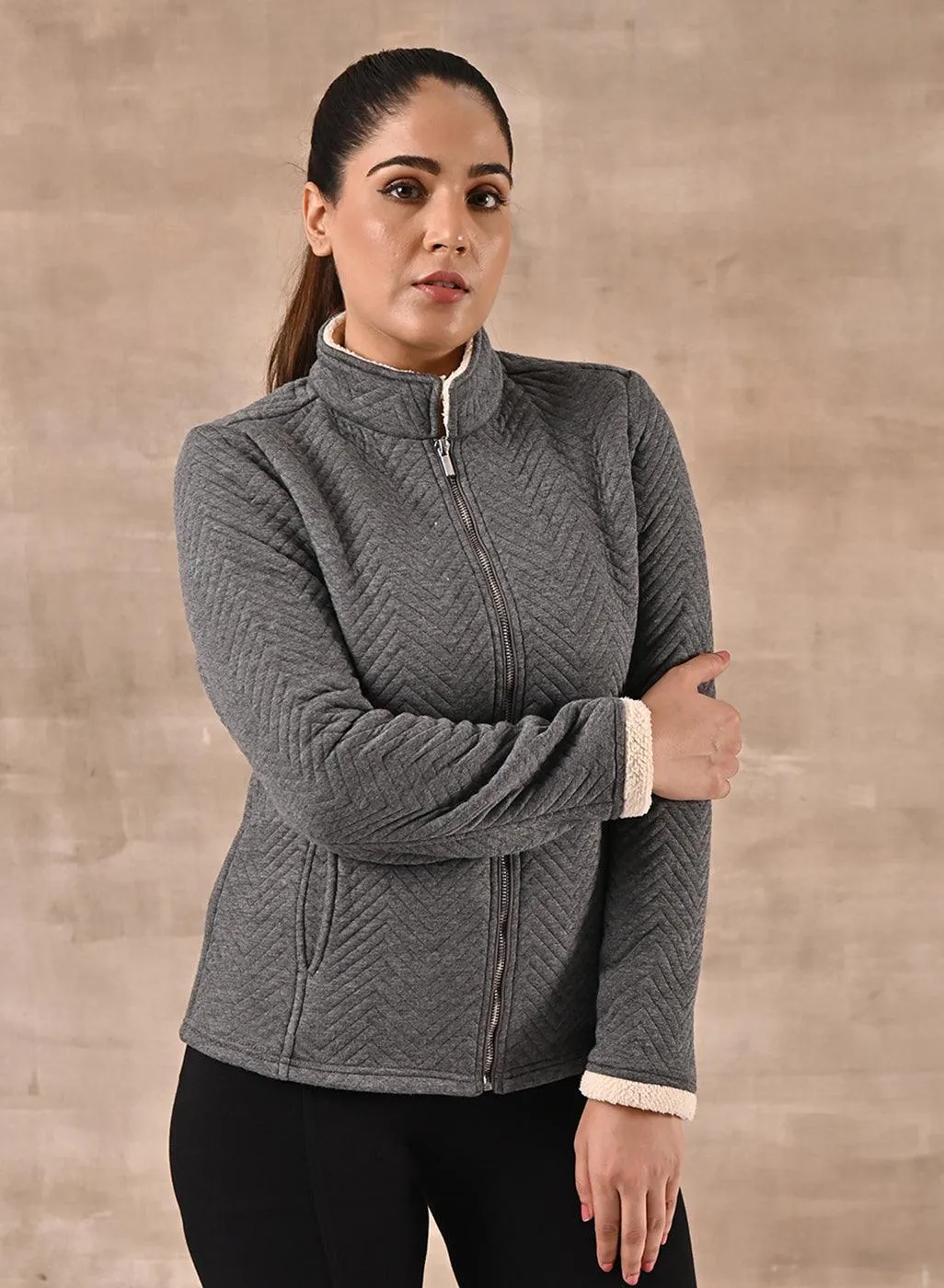 Grey Quilted Zipper Jacket with Slip Pockets