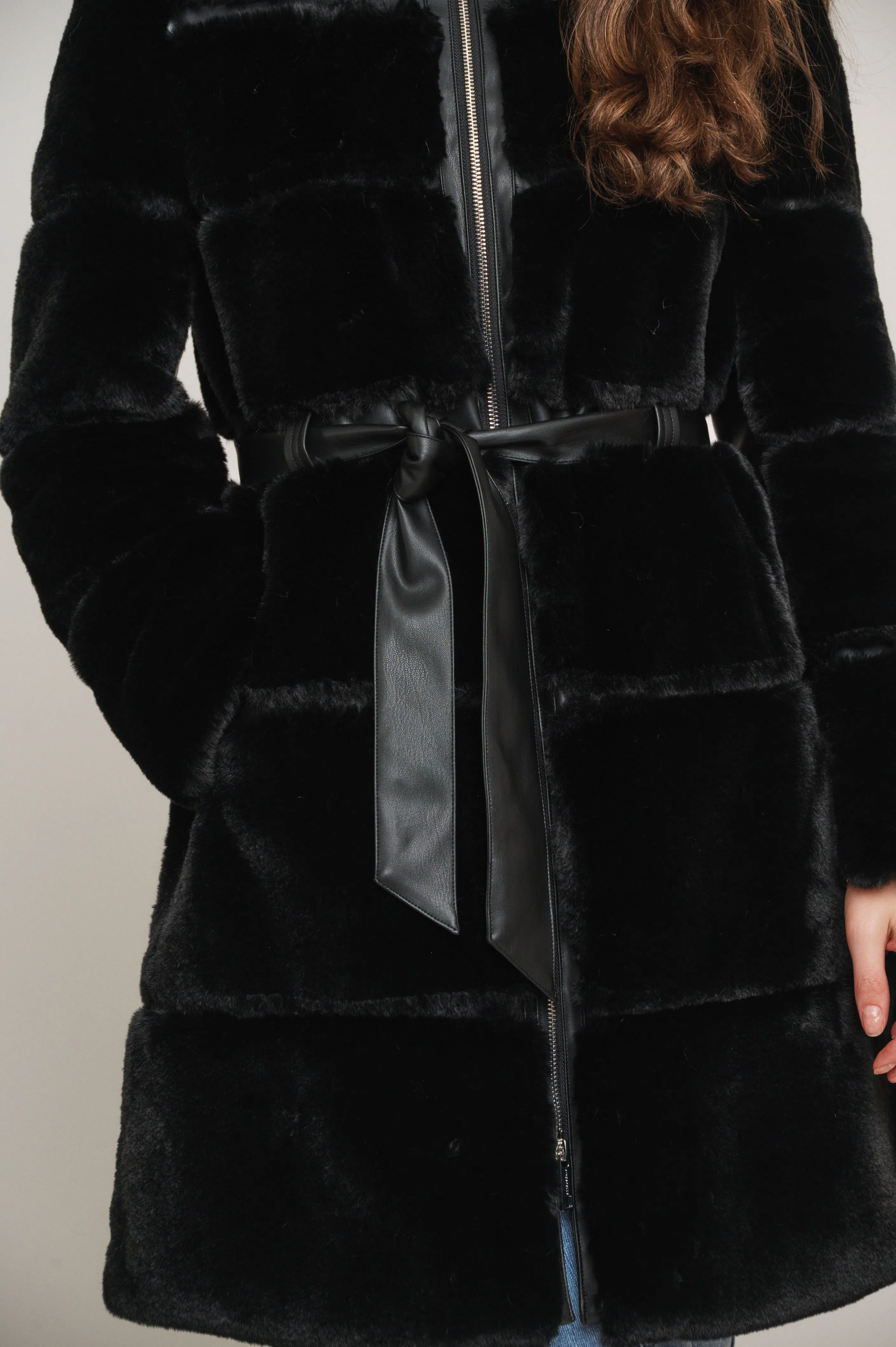 Harvard faux fur coat with hood and faux leather details