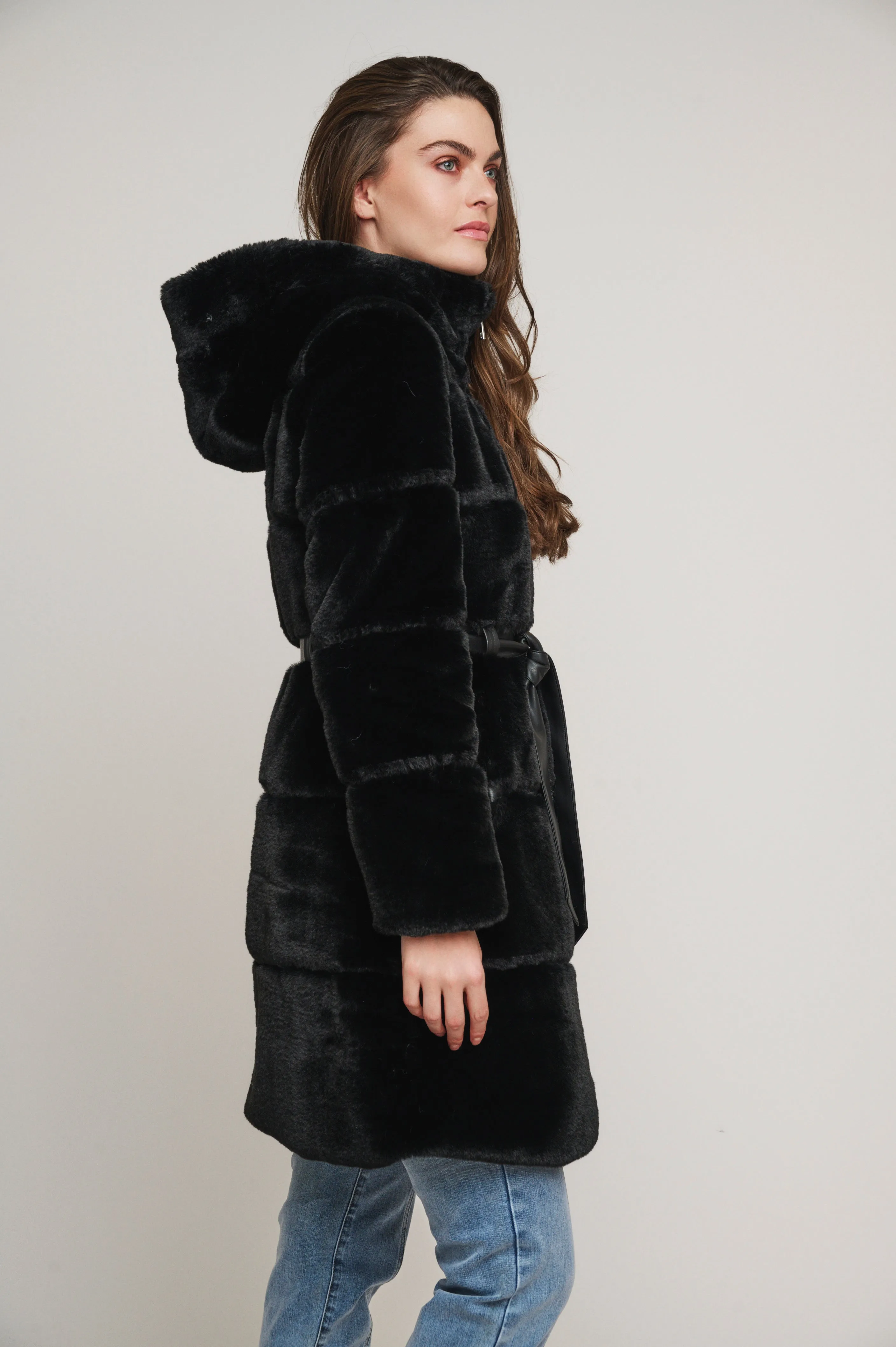 Harvard faux fur coat with hood and faux leather details