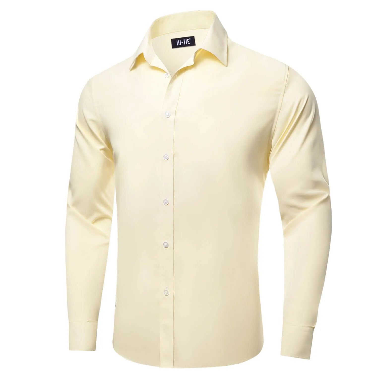 Hi-Tie Mens Dress Shirt Lemon Chiffon Yellow Solid Silk Button Down Shirt