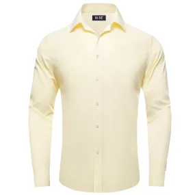 Hi-Tie Mens Dress Shirt Lemon Chiffon Yellow Solid Silk Button Down Shirt