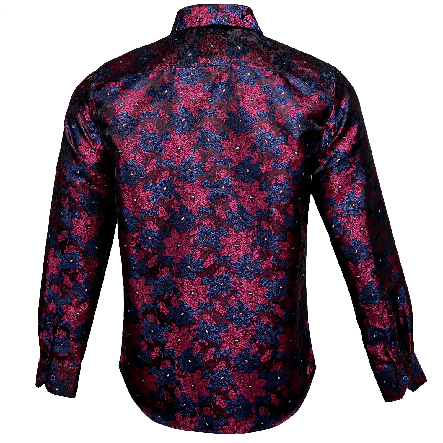 Hi-Tie Red Floral Dinner Mens Top Blue Red Floral Silk Button Up Shirt