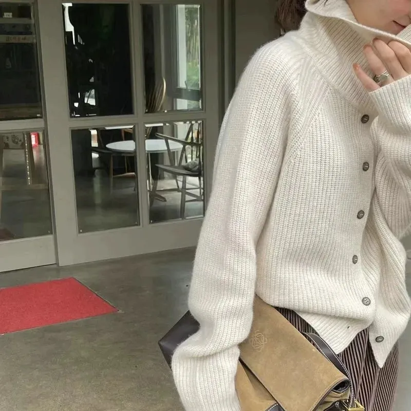 Hnzxzm Turtleneck Cardigan Ladies 100% Pure Woolen Sweater Autumn and Winter Loose Thickened Cashmere Base Sweater Knitted  Coat Tide