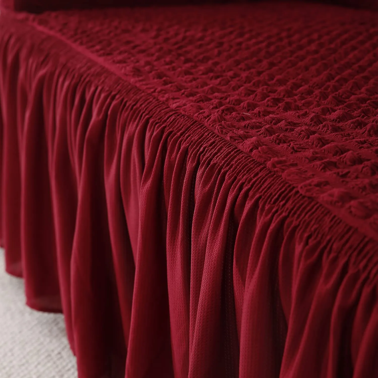 HOKIPO Stretchable Elastic Turkish Bubble Frill Cover for Sofa 3 Seater, Cherry Red (AR-4604-B5)