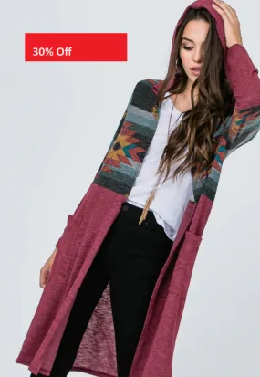 Hooded Aztec Print Maxi Cardigan