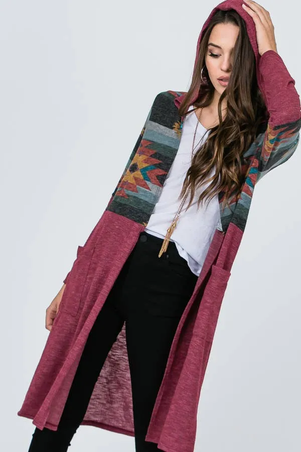 Hooded Aztec Print Maxi Cardigan