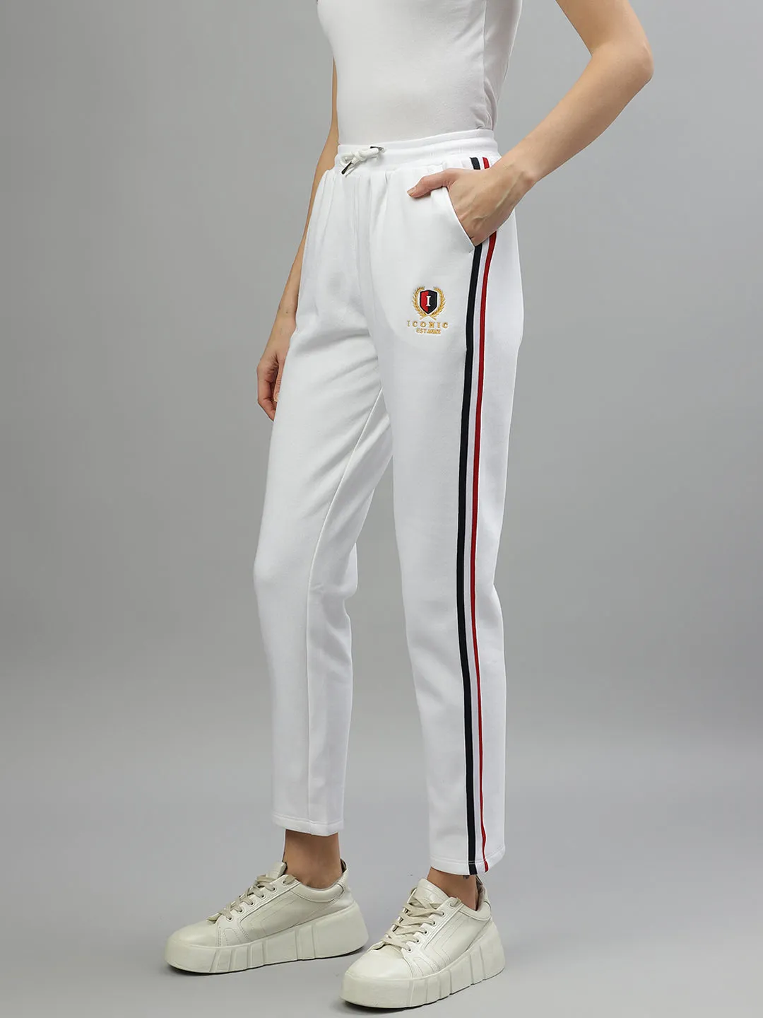 Iconic Women White Solid Regular Fit Mid-Rise Trackpant