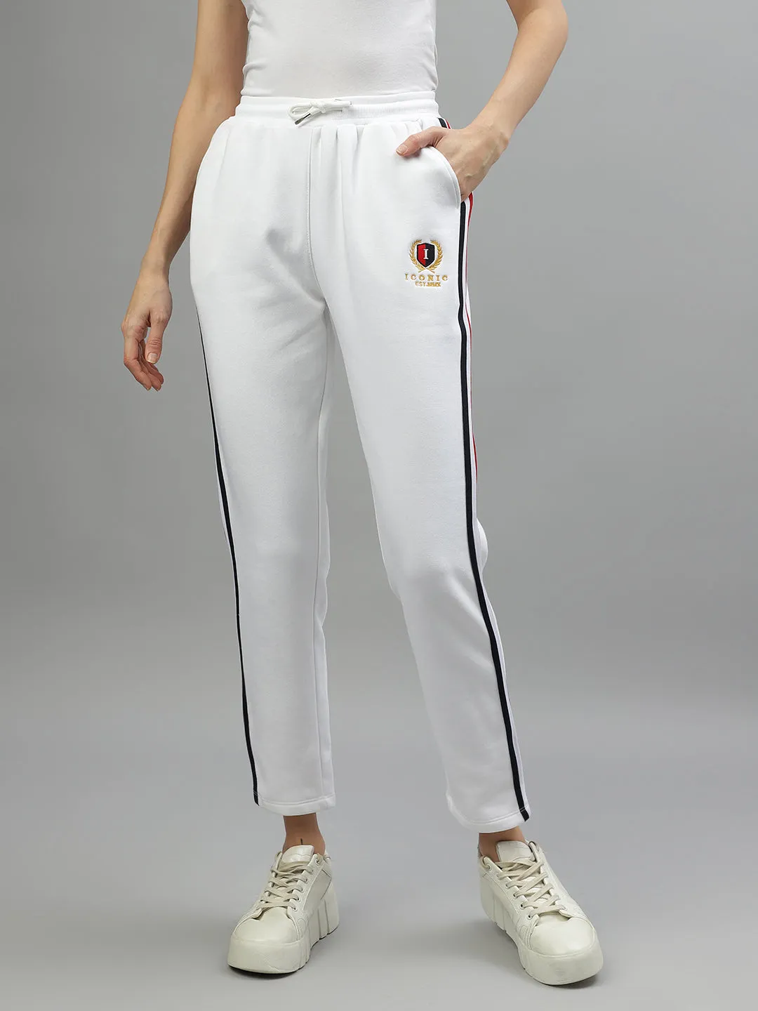 Iconic Women White Solid Regular Fit Mid-Rise Trackpant