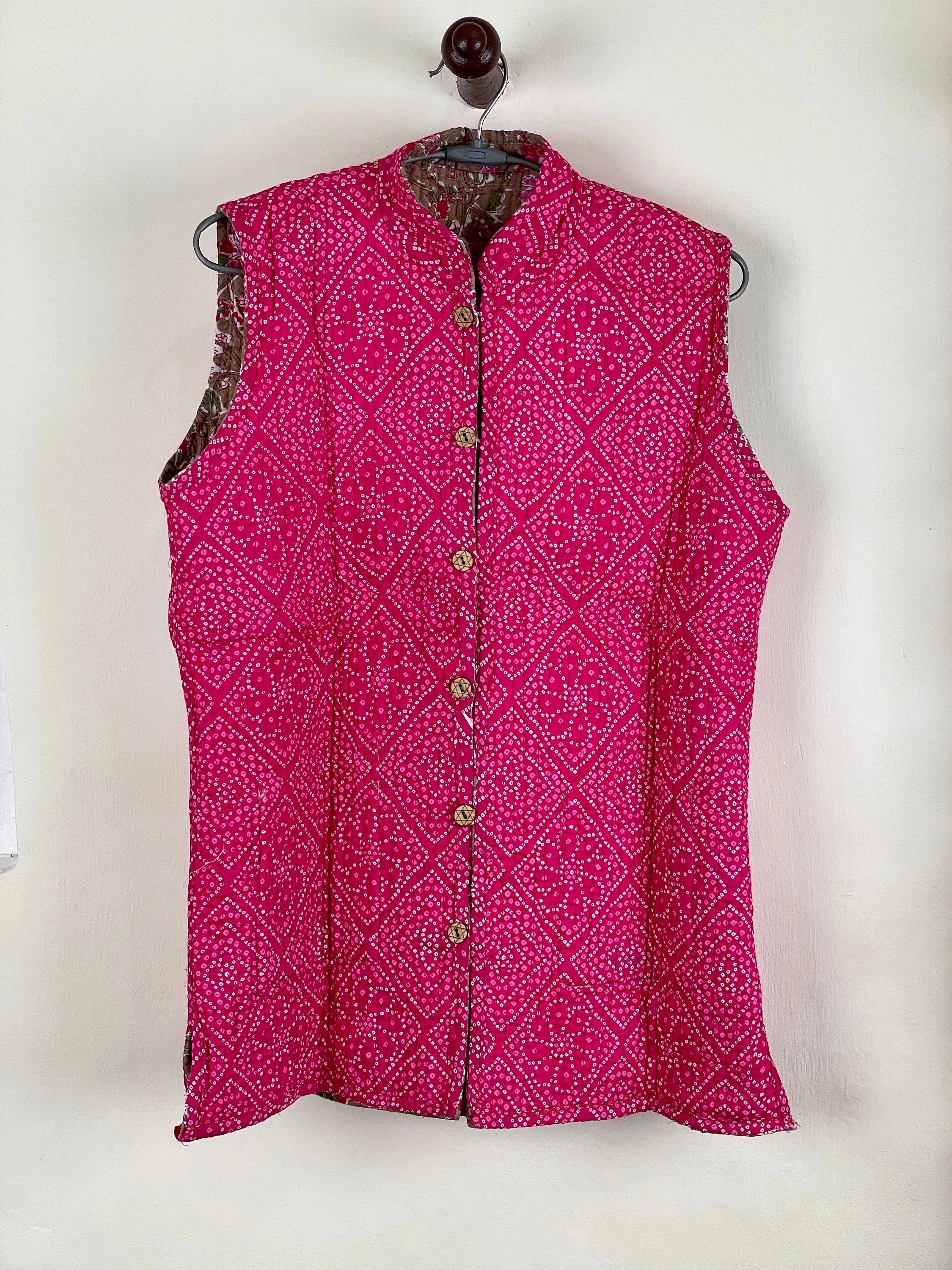 Indian Handmade Quilted Cotton Fabric Jacket Stylish Brown & Pink Floral Women's Sleeveless Vest, Reversible Waistcoat for Her